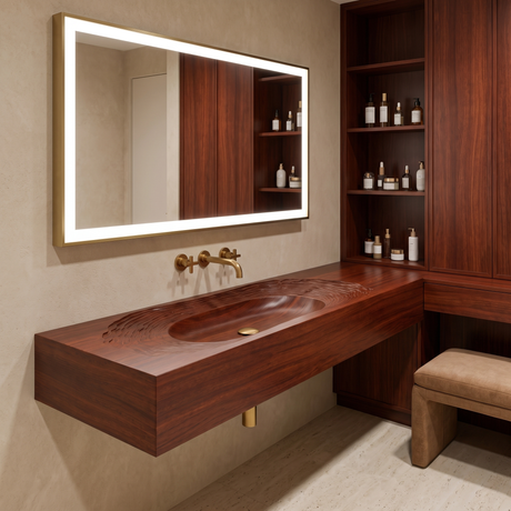 Varelon Topographic Contour Handcrafted Floating Bathroom Vanity with Integrated Sink Mahogany - Timberustic Floating Bathroom Vanity with Integrated Sink