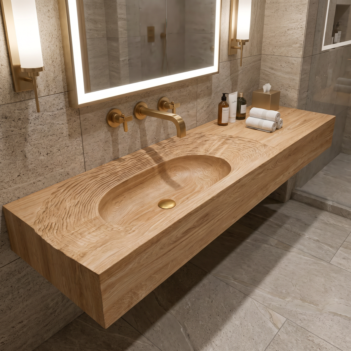 Varelon Topographic Contour Handcrafted Floating Bathroom Vanity with Integrated Sink by Timberustic — Natural Oak finish