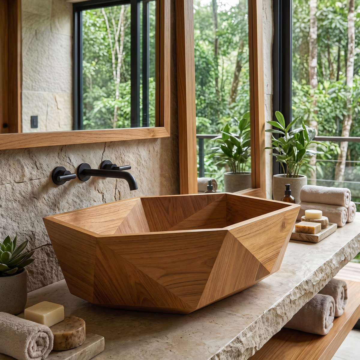 Velarell Faceted Geometric Handcrafted Vessel Sinks Teak - Timberustic Vessel Sinks