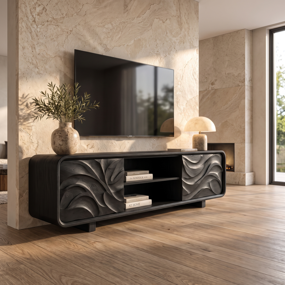 Velavale Sculpted Flowing Panel Handcrafted TV Cabinet Black - Timberustic TV Cabinet