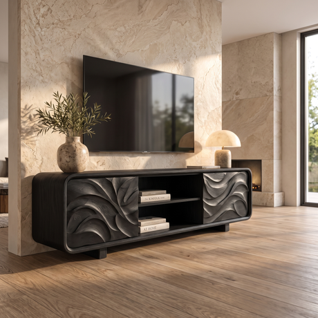 Velavale Sculpted Flowing Panel Handcrafted TV Cabinet Black - Timberustic TV Cabinet