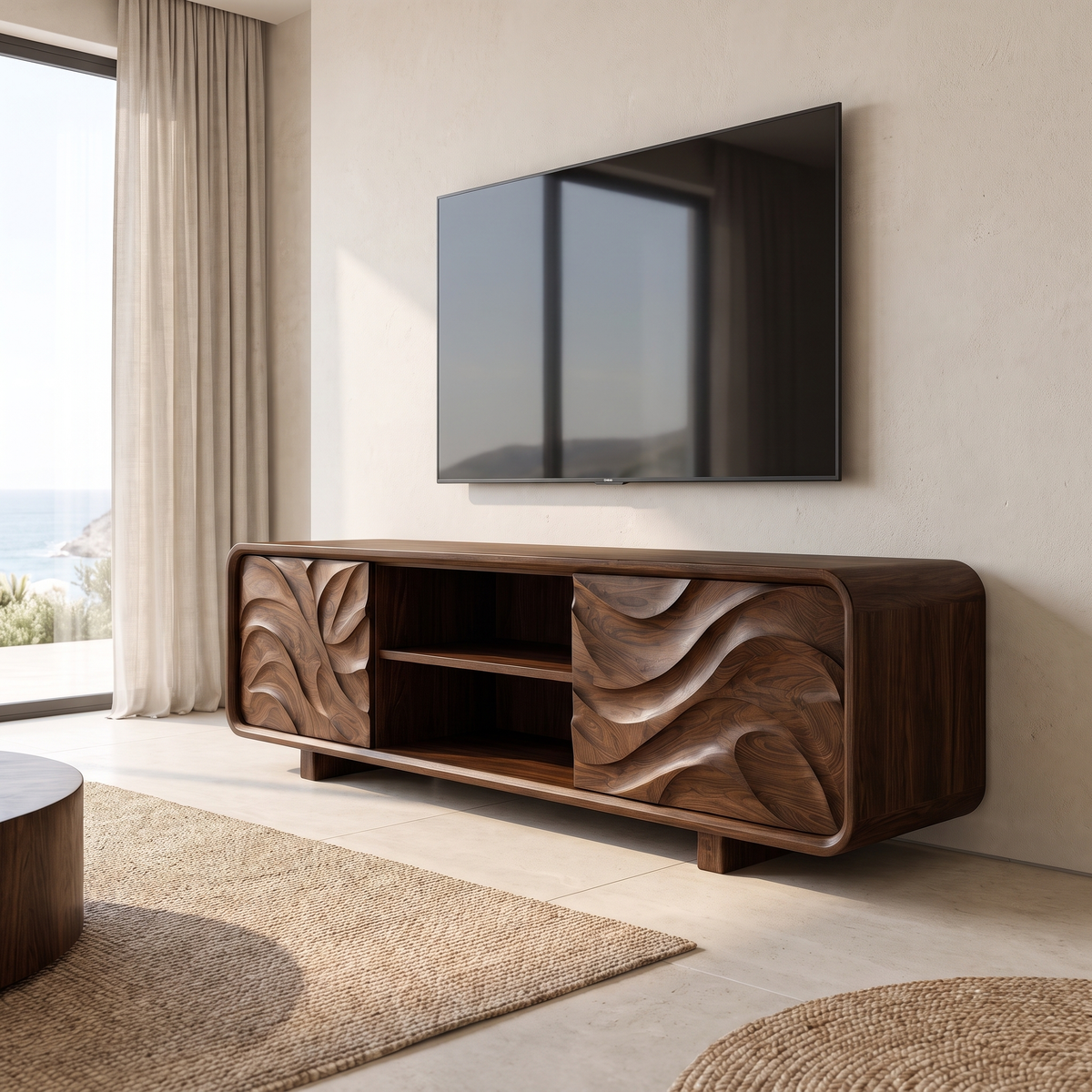 Velavale Sculpted Flowing Panel Handcrafted TV Cabinet Dark Walnut - Timberustic TV Cabinet