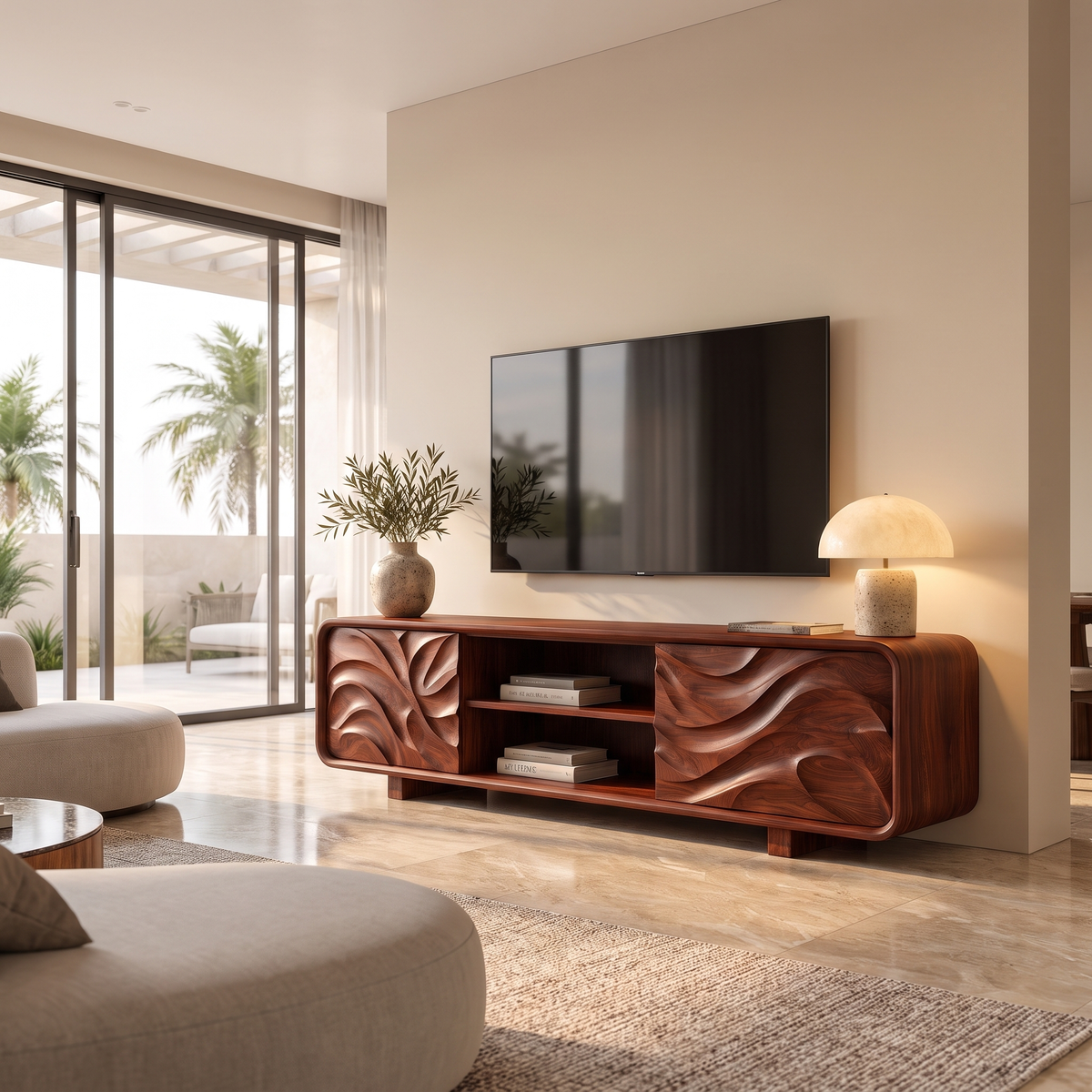Velavale Sculpted Flowing Panel Handcrafted TV Cabinet Mahogany - Timberustic TV Cabinet