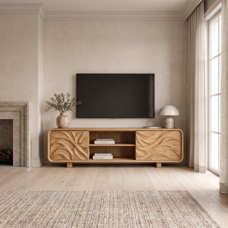 Velavale Sculpted Flowing Panel Handcrafted TV Cabinet Natural Oak - Timberustic TV Cabinet