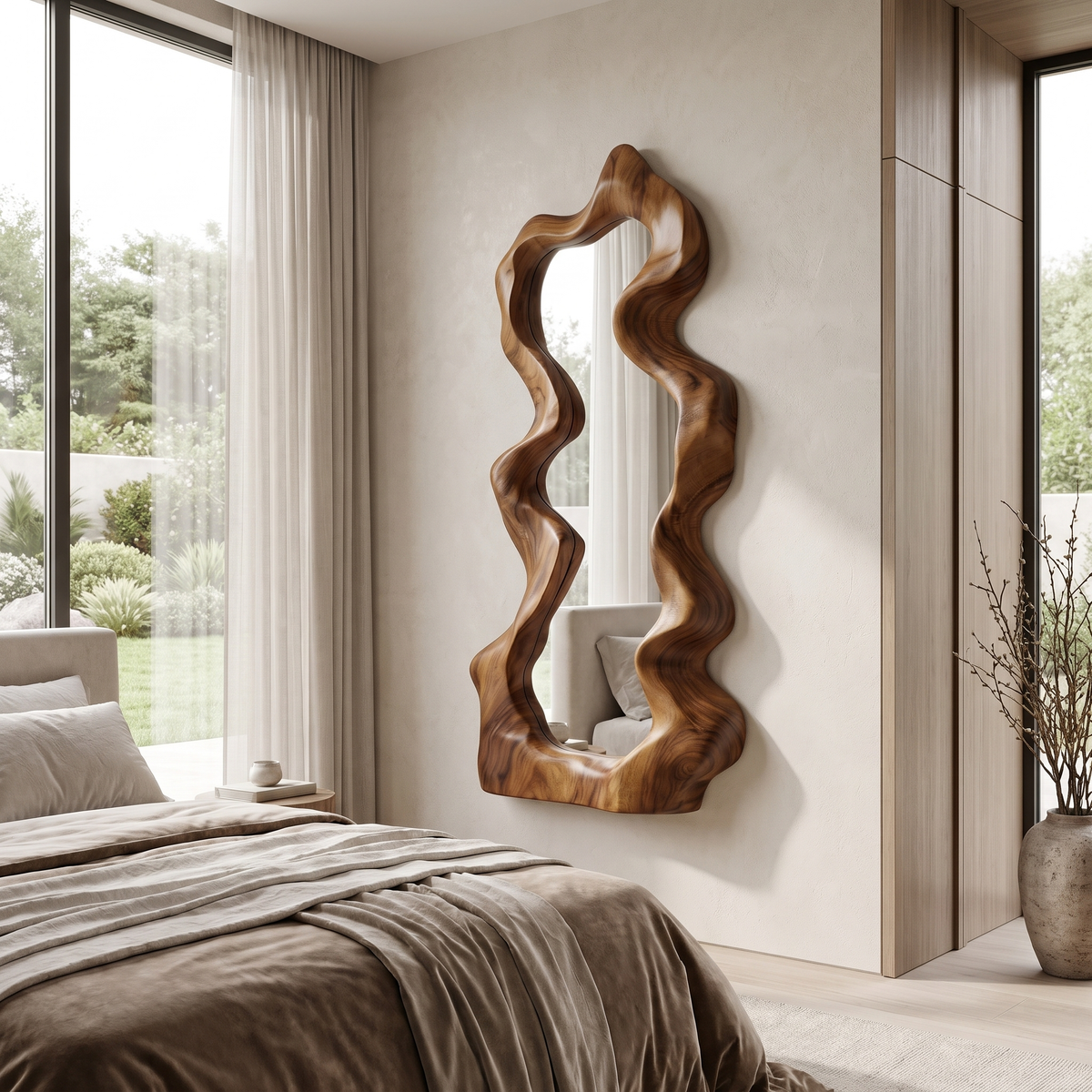 Velavane Flowing Contour Sculpted Handcrafted Mirror Frame by Timberustic — Brown finish