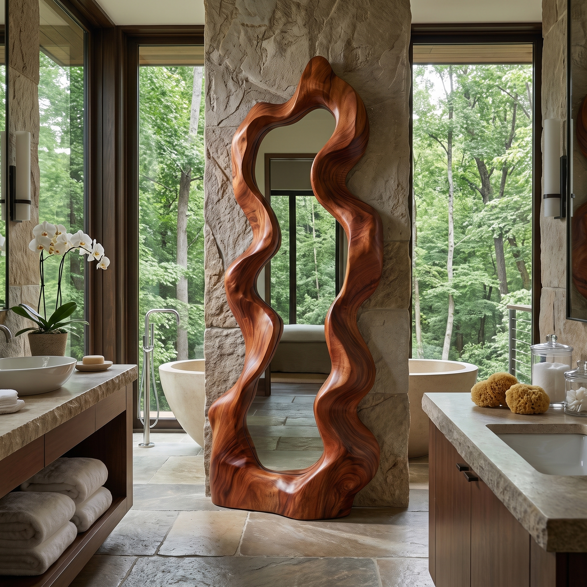 Velavane Flowing Contour Sculpted Handcrafted Mirror Frame by Timberustic — Mahogany finish