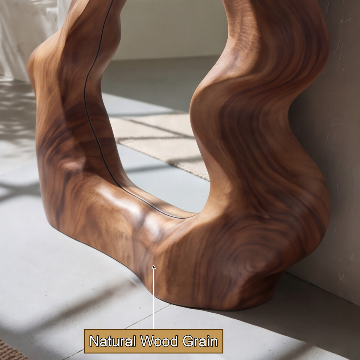 Velavane Flowing Contour Sculpted Handcrafted Mirror Frame by Timberustic — natural wood grain detail