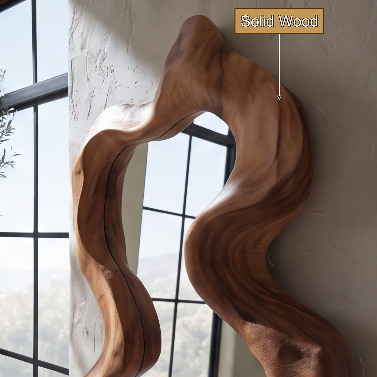 Velavane Flowing Contour Sculpted Handcrafted Mirror Frame by Timberustic — solid wood detail