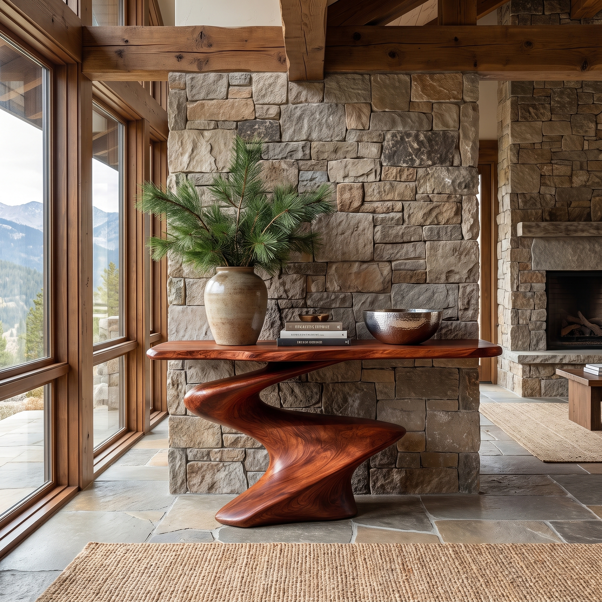 Velemere Twisting Sculpted Handcrafted Console Table by Timberustic — Mahogany finish