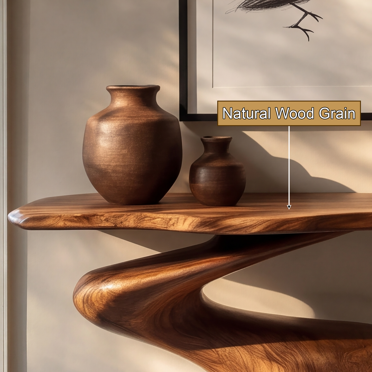 Velemere Twisting Sculpted Handcrafted Console Table by Timberustic — natural wood grain detail