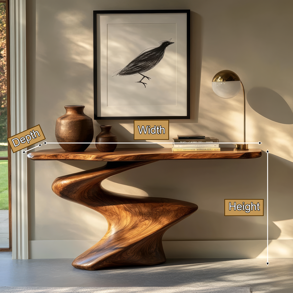 Velemere Twisting Sculpted Handcrafted Console Table by Timberustic — product dimensions