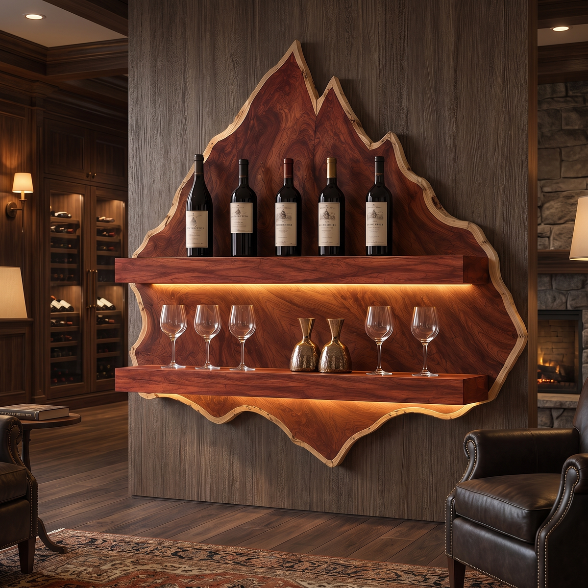 Velewyn Mountain Live Edge Handcrafted Floating Wine Shelf by Timberustic — Mahogany finish