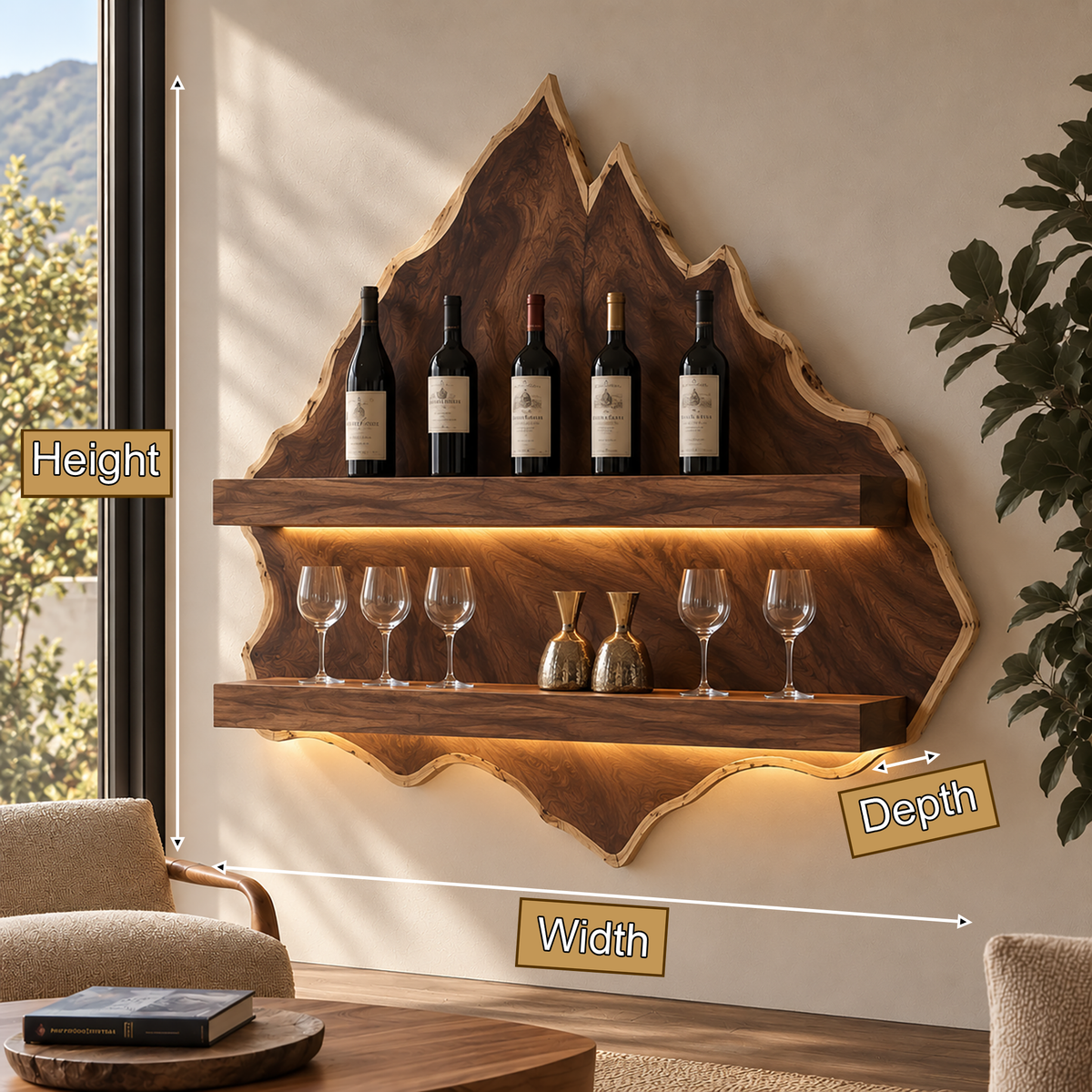 Velewyn Mountain Live Edge Handcrafted Floating Wine Shelf by Timberustic — product dimensions