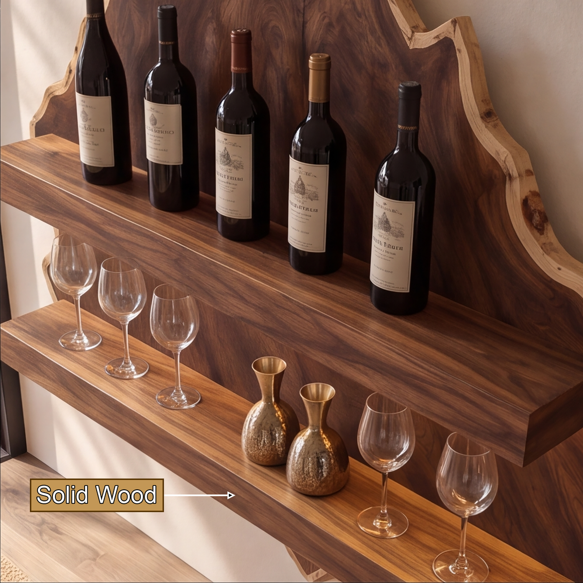 Velewyn Mountain Live Edge Handcrafted Floating Wine Shelf by Timberustic — solid wood detail