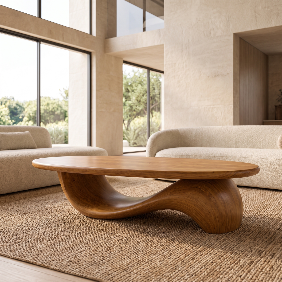 Velilune Sculpted Loop-Base Handcrafted Coffee Table by Timberustic — Teak finish
