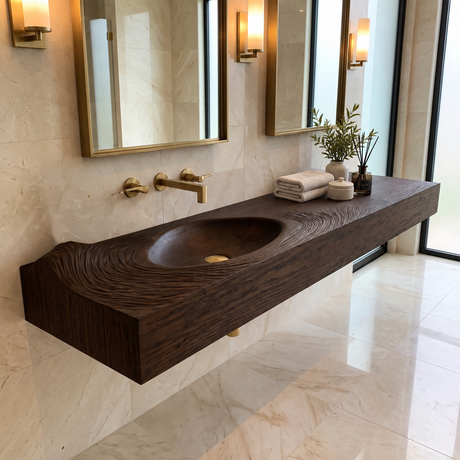 Velirell Concentric Sculpted Surface Handcrafted Floating Bathroom Vanity with Integrated Sink Dark Walnut - Timberustic Floating Bathroom Vanity with Integrated Sink
