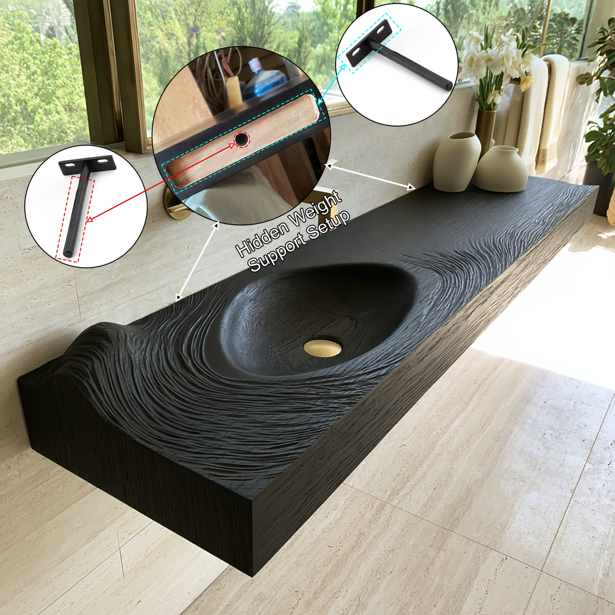 Velirell Concentric Sculpted Surface Handcrafted Floating Bathroom Vanity with Integrated Sink - Timberustic Floating Bathroom Vanity with Integrated Sink
