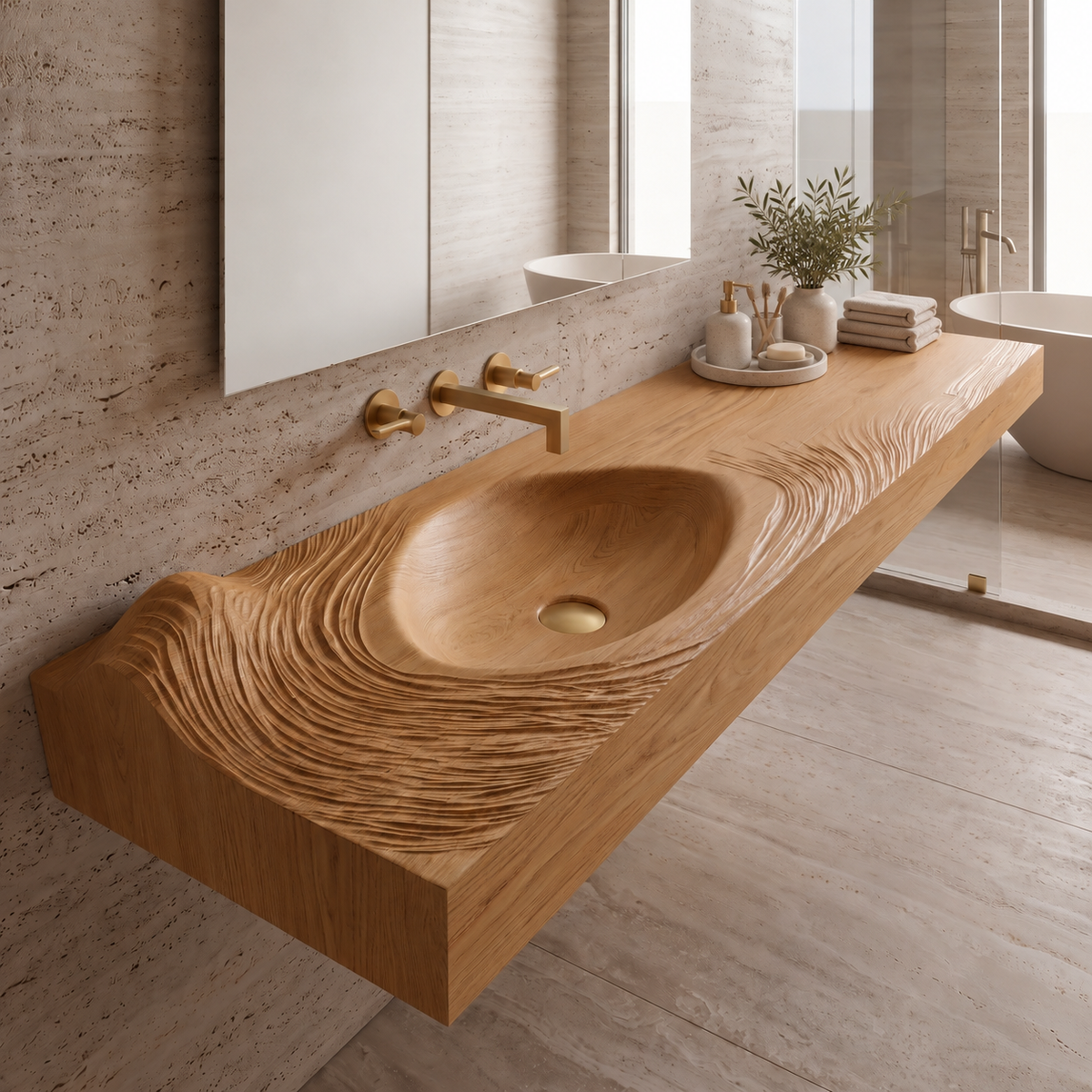 Velirell Concentric Sculpted Surface Handcrafted Floating Bathroom Vanity with Integrated Sink Natural Oak - Timberustic Floating Bathroom Vanity with Integrated Sink