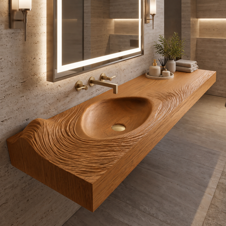 Velirell Concentric Sculpted Surface Handcrafted Floating Bathroom Vanity with Integrated Sink Teak - Timberustic Floating Bathroom Vanity with Integrated Sink