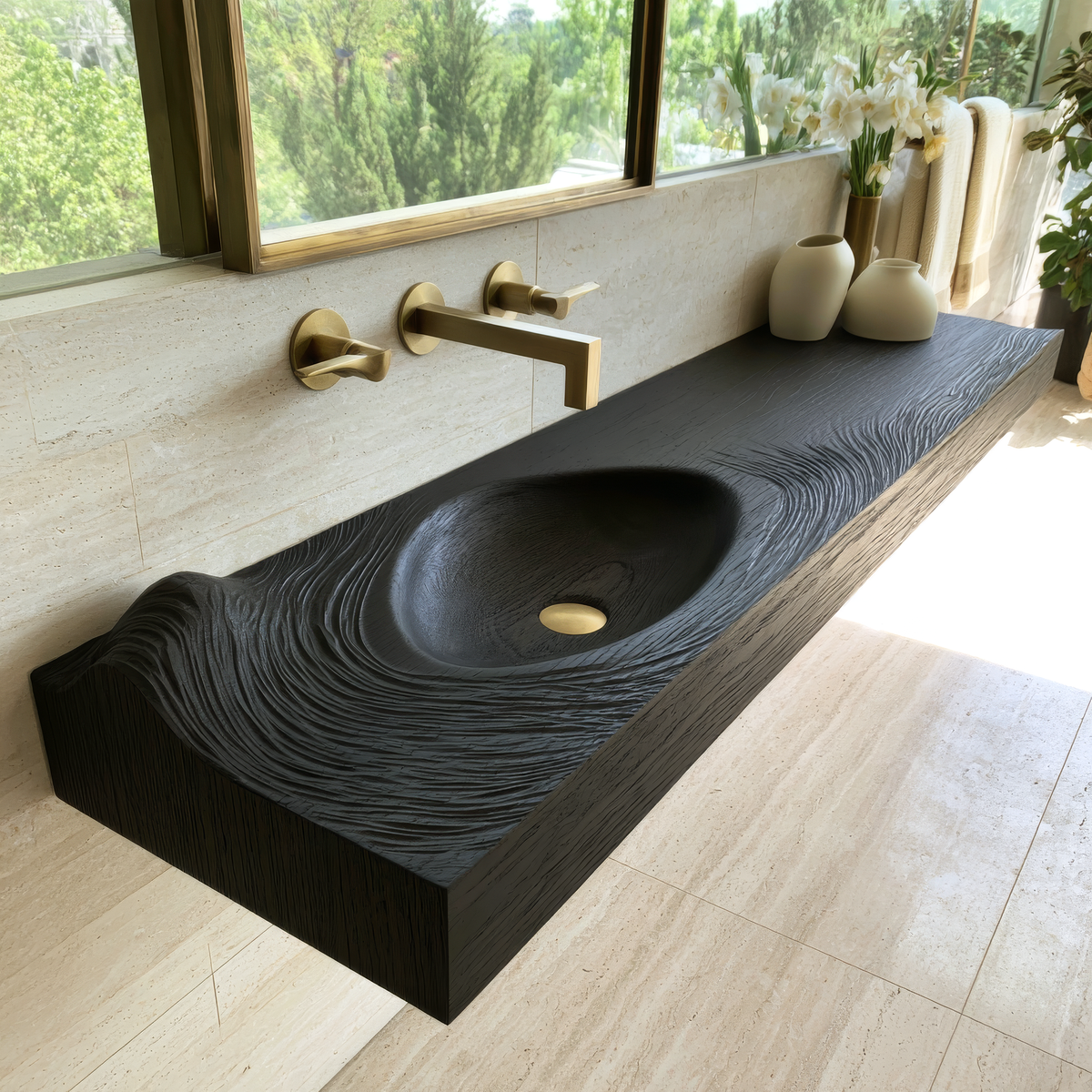 Velirell Concentric Sculpted Surface Handcrafted Floating Bathroom Vanity with Integrated Sink - Timberustic Floating Bathroom Vanity with Integrated Sink