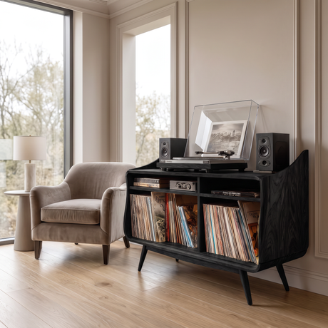 Velivella Curved Profile Handcrafted Record Player Stand With Storage Black - Timberustic Record Player Stand With Storage