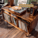 Velivella Curved Profile Handcrafted Record Player Stand With Storage - Timberustic Record Player Stand With Storage