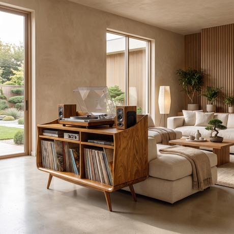 Velivella Curved Profile Handcrafted Record Player Stand With Storage Teak - Timberustic Record Player Stand With Storage