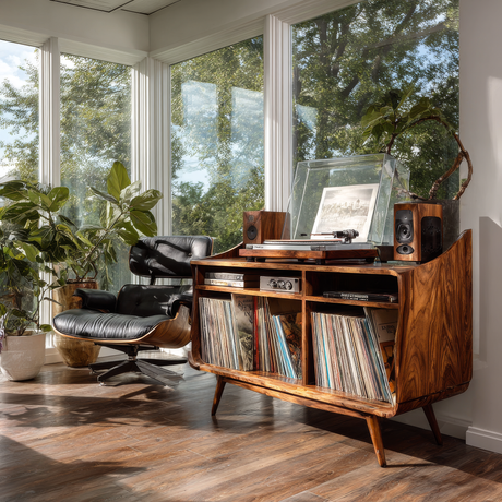 Velivella Curved Profile Handcrafted Record Player Stand With Storage - Timberustic Record Player Stand With Storage