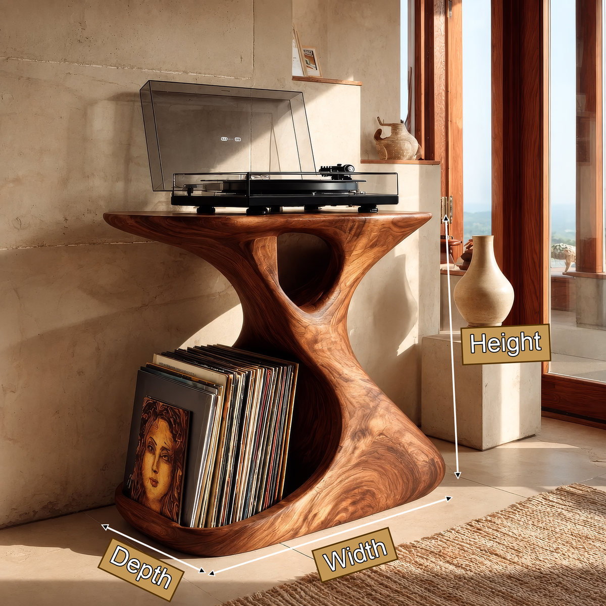 Veliwyn Sculpted Hourglass Frame Handcrafted Record Player Stand With Storage - Timberustic Record Player Stand With Storage