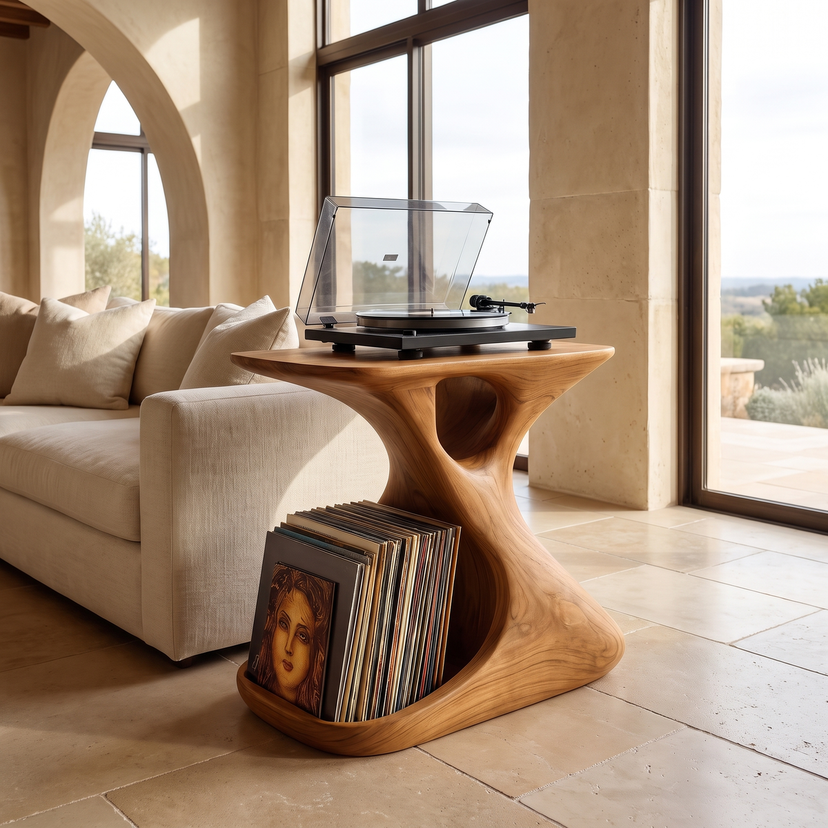 Veliwyn Sculpted Hourglass Frame Handcrafted Record Player Stand With Storage Teak - Timberustic Record Player Stand With Storage