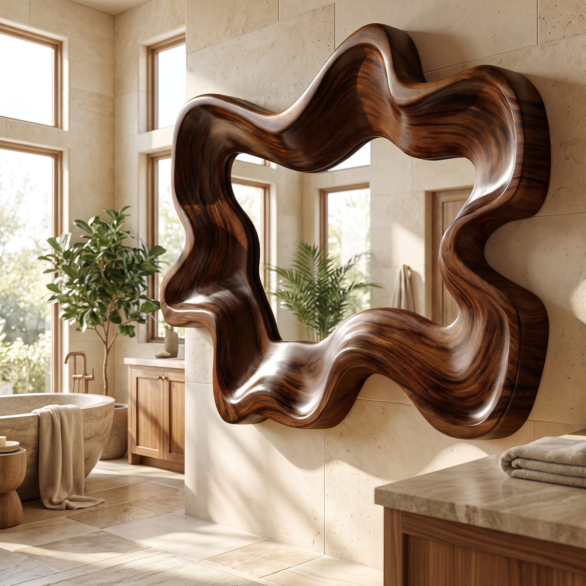Velovale Undulating Sculpted Handcrafted Mirror Frame by Timberustic — Dark Walnut finish