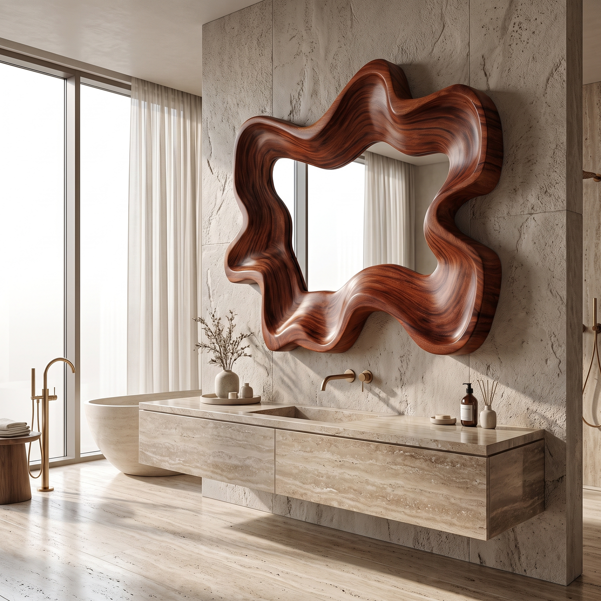Velovale Undulating Sculpted Handcrafted Mirror Frame by Timberustic — Mahogany finish
