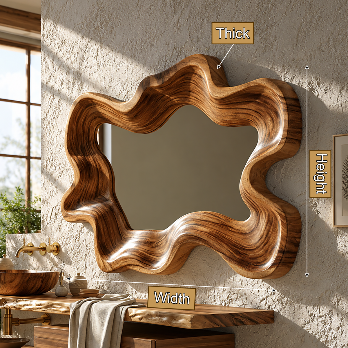 Velovale Undulating Sculpted Handcrafted Mirror Frame by Timberustic — product dimensions