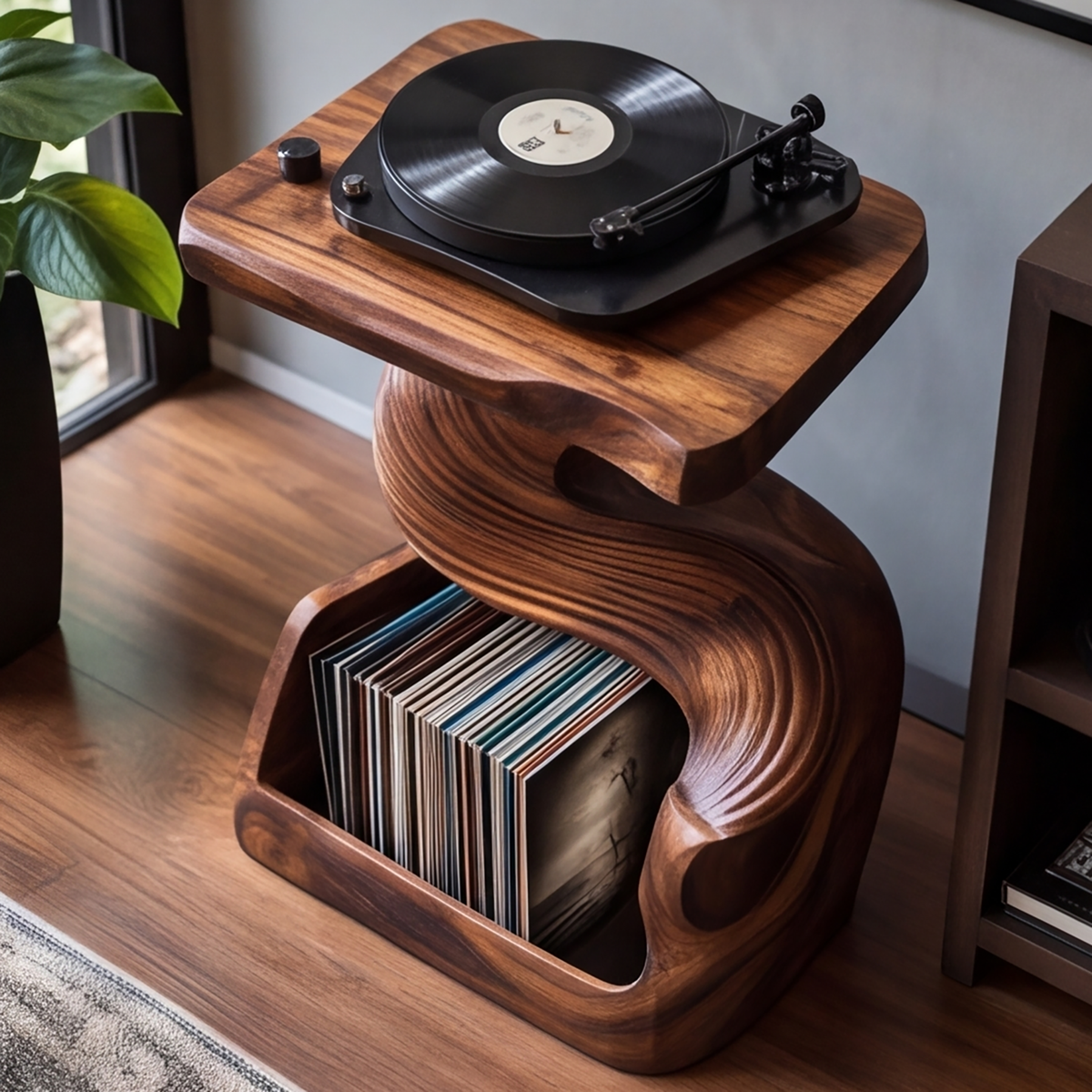 Vinyra Twisting Sculpted Handcrafted Record Player Stand With Storage - Timberustic Record Player Stand With Storage