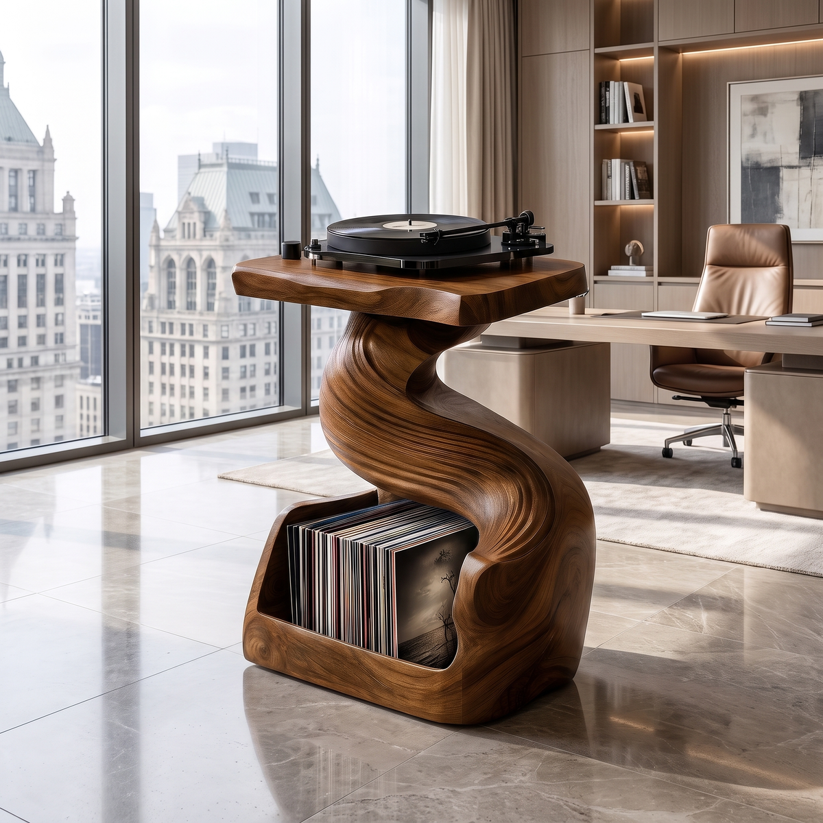 Vinyra Twisting Sculpted Handcrafted Record Player Stand With Storage Brown - Timberustic Record Player Stand With Storage