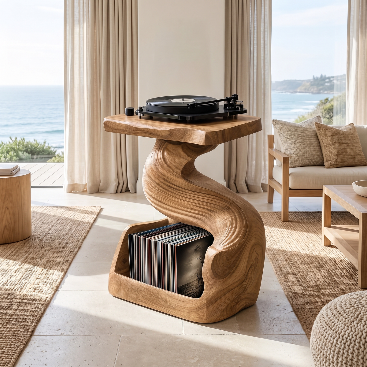 Vinyra Twisting Sculpted Handcrafted Record Player Stand With Storage Natural Oak - Timberustic Record Player Stand With Storage