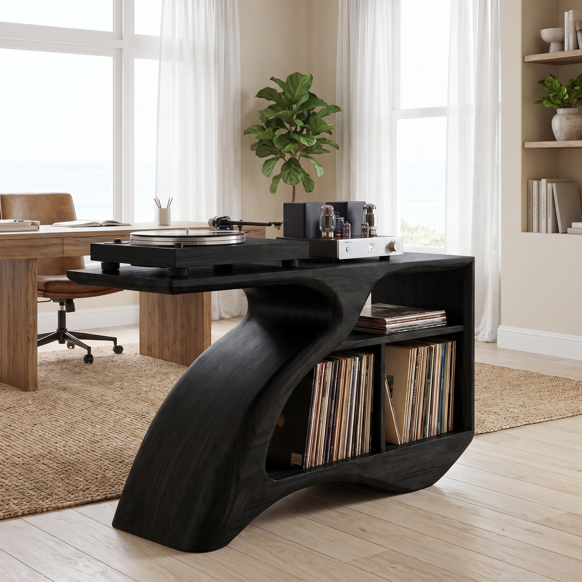 Vireamere Sculpted Curve Handcrafted Record Player Stand With Storage Black - Timberustic Record Player Stand With Storage