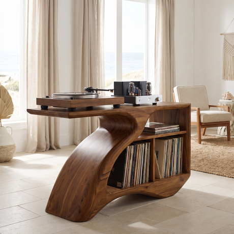 Vireamere Sculpted Curve Handcrafted Record Player Stand With Storage Brown - Timberustic Record Player Stand With Storage