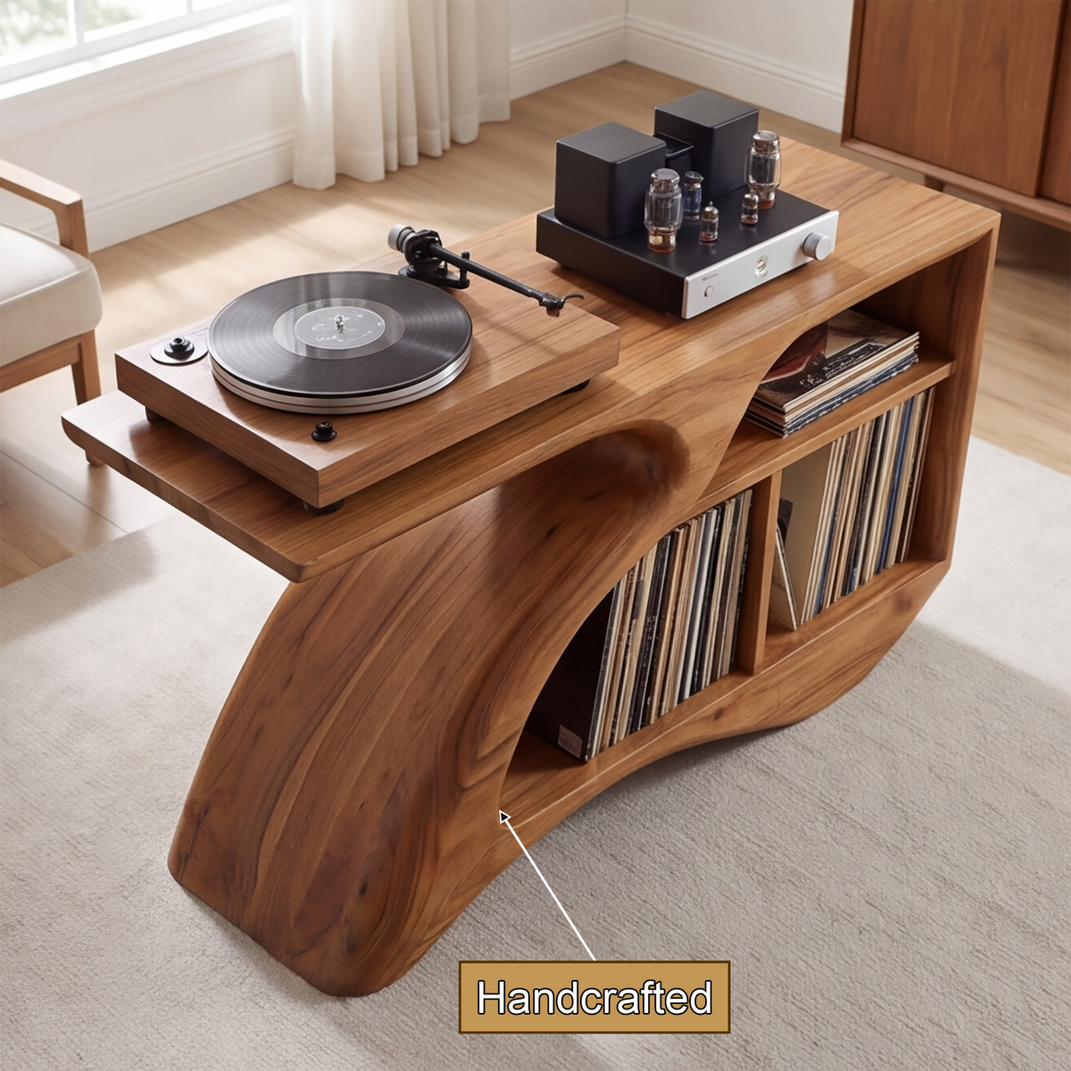 Vireamere Sculpted Curve Handcrafted Record Player Stand With Storage - Timberustic Record Player Stand With Storage