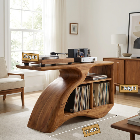 Vireamere Sculpted Curve Handcrafted Record Player Stand With Storage - Timberustic Record Player Stand With Storage