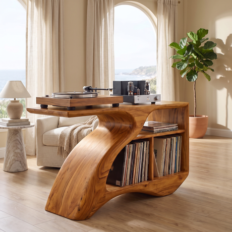 Vireamere Sculpted Curve Handcrafted Record Player Stand With Storage Teak - Timberustic Record Player Stand With Storage