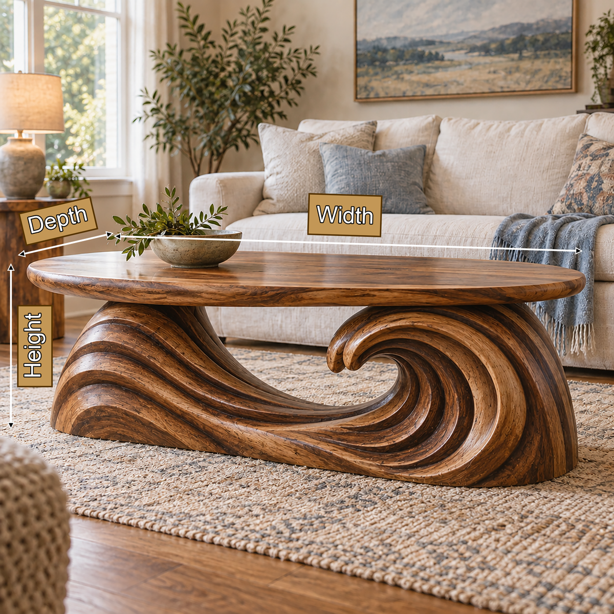 Virearell Sculpted Handcrafted Solid Wood Coffee Table by Timberustic — product dimensions