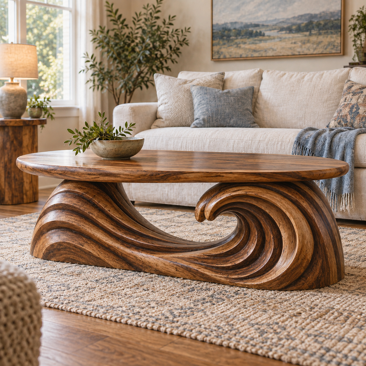 Virearell Sculpted Handcrafted Solid Wood Coffee Table by Timberustic — overall product view