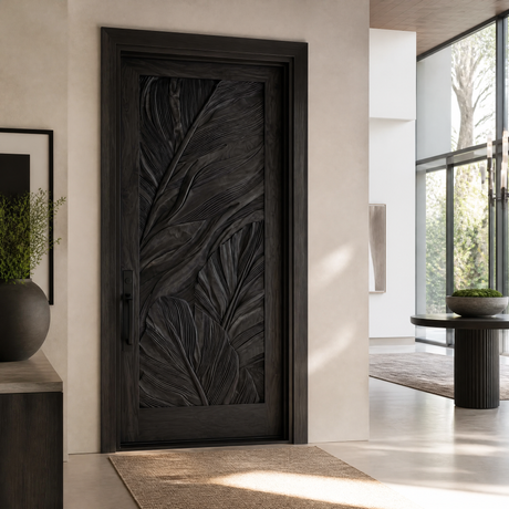 Vireedell Sculpted Botanical Leaf Handcrafted Door Black - Timberustic Door