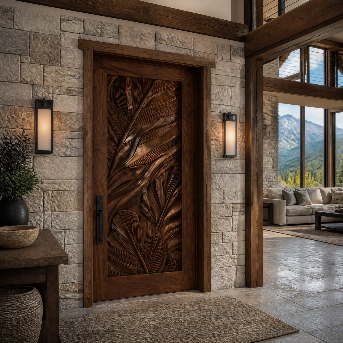 Vireedell Sculpted Botanical Leaf Handcrafted Door by Timberustic — Dark Walnut finish