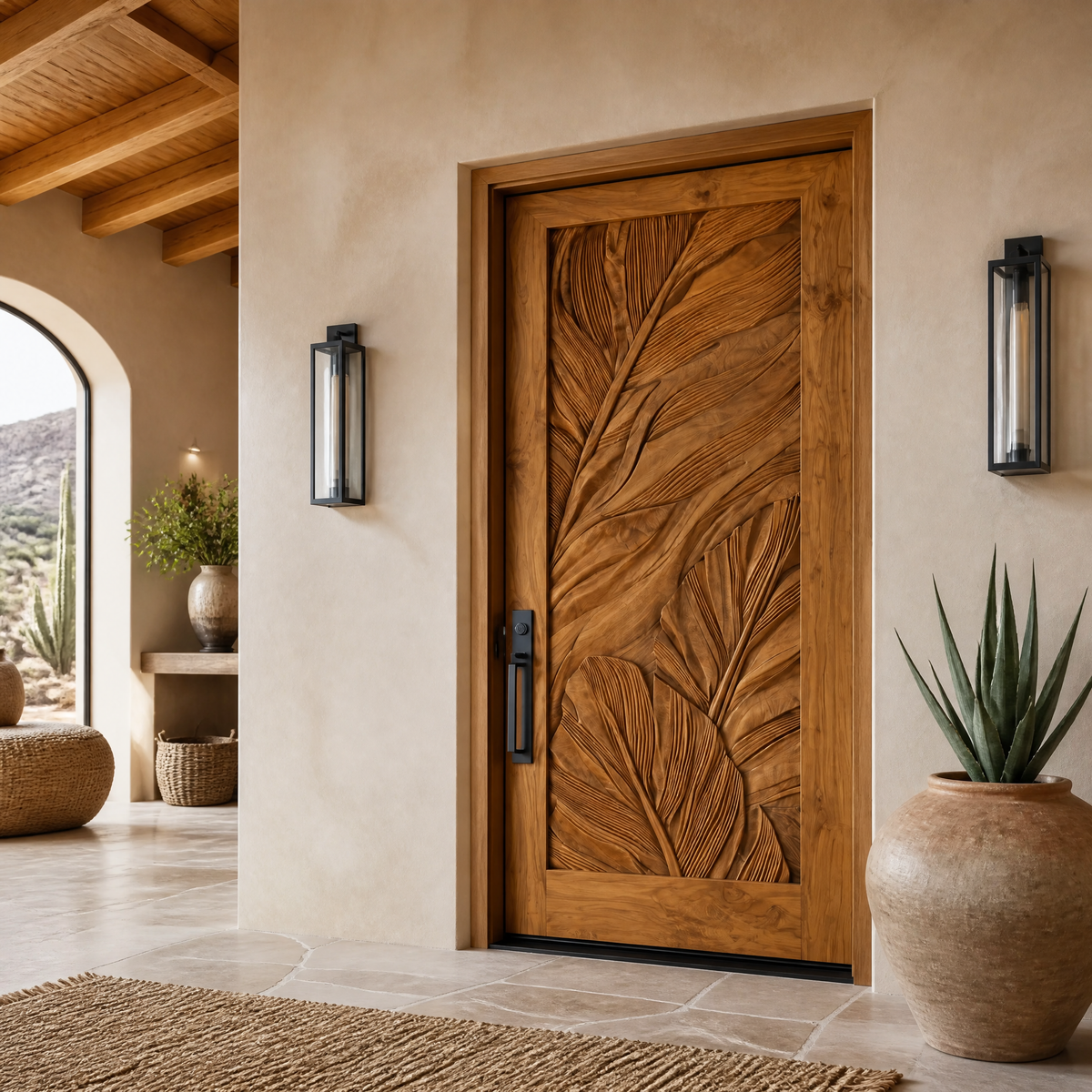 Vireedell Sculpted Botanical Leaf Handcrafted Door by Timberustic — Teak finish