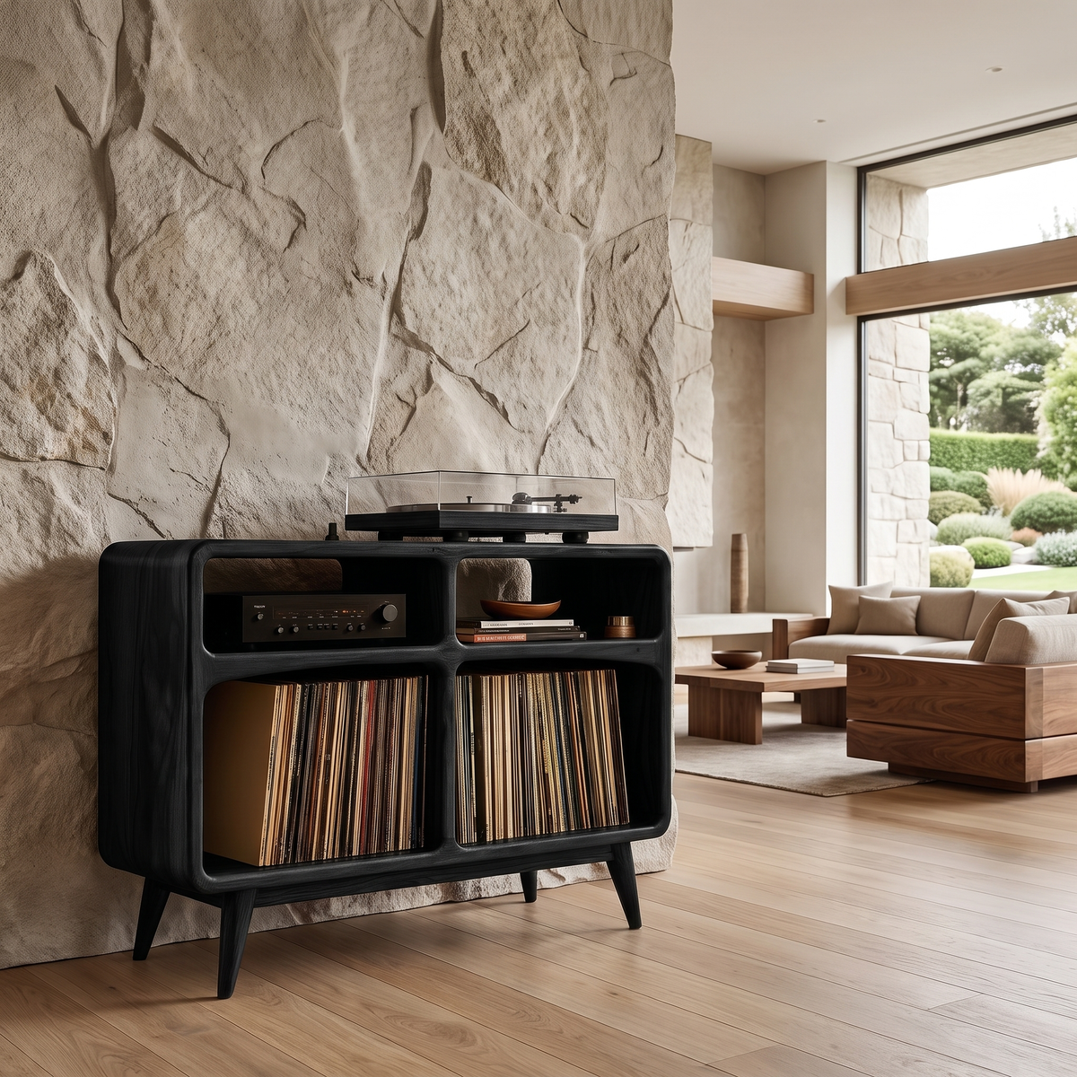 Vireedrin Sculpted Rounded Cabinet Handcrafted Record Player Stand With Storage Black - Timberustic Record Player Stand With Storage