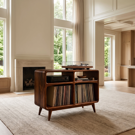 Vireedrin Sculpted Rounded Cabinet Handcrafted Record Player Stand With Storage Dark Walnut - Timberustic Record Player Stand With Storage