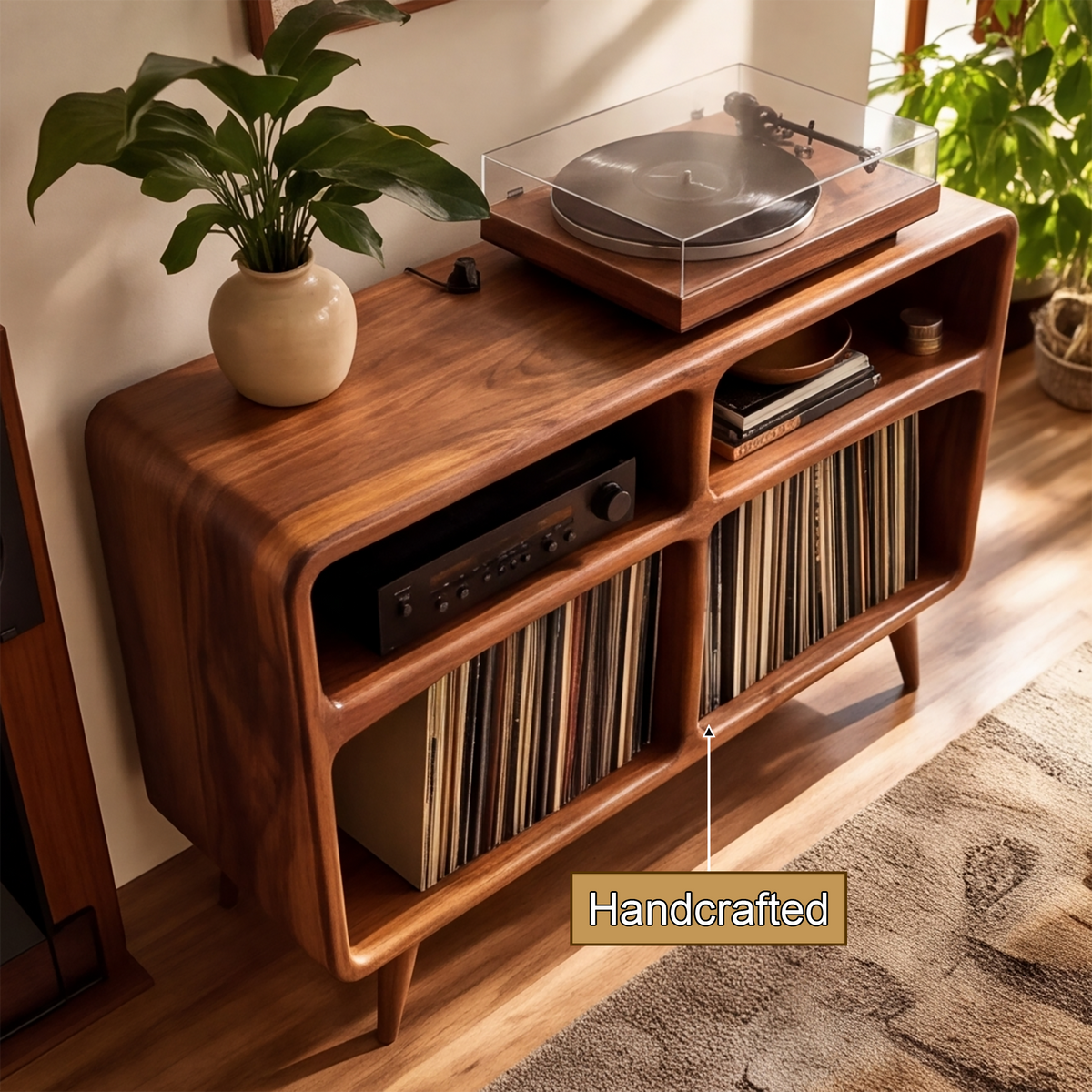 Vireedrin Sculpted Rounded Cabinet Handcrafted Record Player Stand With Storage - Timberustic Record Player Stand With Storage