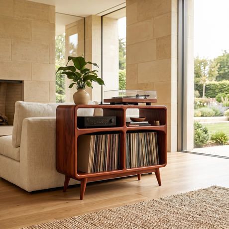 Vireedrin Sculpted Rounded Cabinet Handcrafted Record Player Stand With Storage Mahogany - Timberustic Record Player Stand With Storage